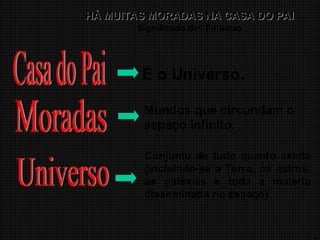 5
HÁ MUITAS MORADAS NA CASA DO PAI
HÁ MUITAS MORADAS NA CASA DO PAI
Significado das Palavras
É o Universo.
Mundos que circundam o
espaço infinito.
Conjunto de tudo quanto existe
(incluindo-se a Terra, os astros,
as galáxias e toda a matéria
disseminada no espaço).
 