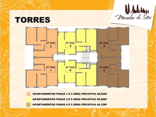 TORRES




  APARTAMENTOS FINAIS 1 E 2 ÁREA PRIVATIVA 48,02M²

  APARTAMENTOS FINAIS 3 E 6 ÁREA PRIVATIVA 50,68M²

  APARTAMENTOS FINAIS 4 E 5 ÁREA PRIVATIVA 49,12M²
 
