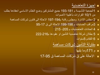 
‫اجهزة‬
‫التعاضدية‬

1
‫الجمعية‬
‫التأسيسة‬
‫م‬
181
-
193
‫بطلب‬ ‫انعقادها‬ ‫االساسي‬ ‫النظام‬ ‫وضع‬ ‫المشتركين‬ ‫جميع‬
‫من‬
1
/
10
‫االصوات‬ ‫بأغلبية‬ ‫القرارات‬

2
‫رقابة‬ ‫ومجلس‬ ‫االدارة‬ ‫مجلس‬
‫م‬
194
-
197
‫المساهمة‬ ‫شركات‬ ‫قانون‬ ‫الى‬ ‫االحالة‬

3
‫مراقب‬
‫م‬ ‫الحسابات‬
198
-
199
‫ق‬ ‫الى‬ ‫االحالة‬
17
-
95

4
‫اتحادات‬
‫التعاضديات‬
‫م‬
205
-
215

5
‫شركة‬ ‫بطالن‬
‫تعاضدية‬
‫عقودها‬ ‫او‬ ‫التأمين‬
‫م‬
216
-
222

6
‫التقادم‬
5
‫سنوات‬

‫مساهمة‬ ‫شركات‬ ‫التأمين‬ ‫مقاولة‬

‫م‬
171
‫وما‬
‫يليها‬

‫ق‬ ‫المساهمة‬ ‫شركات‬ ‫ق‬ ‫على‬ ‫االحالة‬
95
-
17
10
 