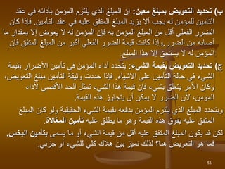 ‫ب‬
)
‫تحديد‬
‫معين‬ ‫بمبلغ‬ ‫التعويض‬
:
‫ف‬ ‫بأدائه‬ ‫المؤمن‬ ‫يلتزم‬ ‫الذي‬ ‫المبلغ‬ ‫إن‬
‫عقد‬ ‫ي‬
‫عقد‬ ‫في‬ ‫عليه‬ ‫المتفق‬ ‫المبلغ‬ ‫يزيد‬ ‫أال‬ ‫يجب‬ ‫له‬ ‫للمؤمن‬ ‫التأمين‬
‫التأمي‬
‫ن‬
.
‫ف‬
‫كان‬ ‫إذا‬
‫المؤمن‬ ‫المبلغ‬ ‫من‬ ‫أقل‬ ‫الفعلي‬ ‫الضرر‬
‫به‬
‫ب‬ ‫إال‬ ‫يعوض‬ ‫ال‬ ‫له‬ ‫المؤمن‬ ‫فإن‬
‫ما‬ ‫مقدار‬
‫الضرر‬ ‫من‬ ‫أصابه‬
.
‫المت‬ ‫المبلغ‬ ‫من‬ ‫أكبر‬ ‫الفعلي‬ ‫الضرر‬ ‫قيمة‬ ‫كانت‬ ‫وإذا‬
‫فإن‬ ‫فق‬
‫المبلغ‬ ‫هذا‬ ‫إال‬ ‫يستحق‬ ‫ال‬ ‫له‬ ‫المؤمن‬
.
‫ج‬
)
‫تحديد‬
‫الشيء‬ ‫بقيمة‬ ‫التعويض‬
:
‫األضرا‬ ‫تأمين‬ ‫في‬ ‫المؤمن‬ ‫أداء‬ ‫يتحدد‬
‫ر‬
‫ب‬
‫قيمة‬
‫على‬ ‫التأمين‬ ‫حالة‬ ‫في‬ ‫الشيء‬
‫االشياء‬
.
‫مبلغ‬ ‫التأمين‬ ‫وثيقة‬ ‫حددت‬ ‫فإذا‬
‫التعويض‬
،
‫ألداء‬ ‫األقصى‬ ‫الحد‬ ‫تمثل‬ ‫الشيء‬ ‫هذا‬ ‫قيمة‬ ‫فإن‬ ‫بشيء‬ ‫يتعلق‬ ‫األمر‬ ‫وكان‬
‫القيمة‬ ‫هذه‬ ‫يتجاوز‬ ‫أن‬ ‫يمكن‬ ‫ال‬ ‫الضرر‬ ‫ألن‬ ،‫المؤمن‬
.
‫الشيء‬ ‫بقيمة‬ ‫بدفعه‬ ‫المؤمن‬ ‫يلتزم‬ ‫الذي‬ ‫المبلغ‬ ‫ويتحدد‬
‫الحقيقية‬
‫ك‬ ‫ولو‬
‫المبلغ‬ ‫ان‬
‫عليه‬ ‫يطلق‬ ‫ما‬ ‫وهو‬ ‫القيمة‬ ‫هذه‬ ‫يفوق‬ ‫عليه‬ ‫المتفق‬
‫المغاالة‬ ‫تأمين‬
.
‫قد‬ ‫لكن‬
‫يسمى‬ ‫ما‬ ‫أو‬ ‫الشيء‬ ‫قيمة‬ ‫من‬ ‫أقل‬ ‫عليه‬ ‫المتفق‬ ‫المبلغ‬ ‫يكون‬
‫بتأمي‬
‫ن‬
‫البخس‬
.
‫التعويض‬ ‫هو‬ ‫فما‬
‫هنا؟‬
‫لذلك‬
‫جزئي‬ ‫أو‬ ‫للشيء‬ ‫كلي‬ ‫هالك‬ ‫بين‬ ‫نميز‬
.
55
 