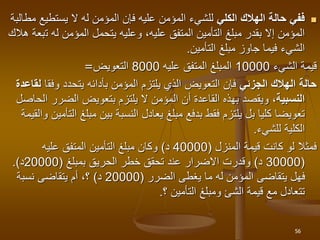 
‫الكلي‬ ‫الهالك‬ ‫حالة‬ ‫ففي‬
‫يستطيع‬ ‫ال‬ ‫له‬ ‫المؤمن‬ ‫فإن‬ ‫عليه‬ ‫المؤمن‬ ‫للشيء‬
‫مطالبة‬
‫ت‬ ‫له‬ ‫المؤمن‬ ‫يتحمل‬ ‫وعليه‬ ،‫عليه‬ ‫المتفق‬ ‫التأمين‬ ‫مبلغ‬ ‫بقدر‬ ‫إال‬ ‫المؤمن‬
‫هالك‬ ‫بعة‬
‫التأمين‬ ‫مبلغ‬ ‫جاوز‬ ‫فيما‬ ‫الشيء‬
.
‫الشيء‬ ‫قيمة‬
10000
‫عليه‬ ‫المتفق‬ ‫المبلغ‬
8000
‫التعويض‬
=
‫الجزئي‬ ‫الهالك‬ ‫حالة‬
‫فإن‬
‫التعويض‬
‫وفق‬ ‫يتحدد‬ ‫بأدائه‬ ‫المؤمن‬ ‫يلتزم‬ ‫الذي‬
‫ا‬
‫لقاعدة‬
‫النسبية‬
‫ا‬ ‫الضرر‬ ‫بتعويض‬ ‫يلتزم‬ ‫ال‬ ‫المؤمن‬ ‫أن‬ ‫القاعدة‬ ‫بهذه‬ ‫ويقصد‬ ،
‫لحاصل‬
‫مبل‬ ‫بين‬ ‫النسبة‬ ‫يعادل‬ ‫مبلغ‬ ‫بدفع‬ ‫فقط‬ ‫يلتزم‬ ‫بل‬ ‫كليا‬ ‫تعويضا‬
‫والقيمة‬ ‫التأمين‬ ‫غ‬
‫للشيء‬ ‫الكلية‬
.
‫قيمة‬ ‫كانت‬ ‫لو‬ ‫فمثال‬
‫المنزل‬
(
40000
‫د‬
)
‫المتفق‬ ‫التأمين‬ ‫مبلغ‬ ‫وكان‬
‫عليه‬
(
30000
‫د‬
)
‫الحريق‬ ‫خطر‬ ‫تحقق‬ ‫عند‬ ‫االضرار‬ ‫وقدرت‬
‫بمبلغ‬
(
20000
‫د‬
.)
‫يغطى‬ ‫ما‬ ‫له‬ ‫المؤمن‬ ‫يتقاضى‬ ‫فهل‬
‫الضرر‬
(
20000
‫د‬
)
‫نسبة‬ ‫يتقاضى‬ ‫أم‬ ،‫؟‬
‫قيمة‬ ‫مع‬ ‫تتعادل‬
‫الشئ‬
‫ومبلغ‬
‫؟‬ ‫التأمين‬
.
56
 