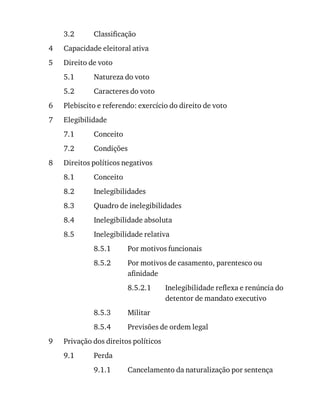 3.2
4
5
5.1
5.2
6
7
7.1
7.2
8
8.1
8.2
8.3
8.4
8.5
8.5.1
8.5.2
8.5.2.1
8.5.3
8.5.4
9
9.1
9.1.1
Classificação
Capacidade	eleitoral	ativa
Direito	de	voto
Natureza	do	voto
Caracteres	do	voto
Plebiscito	e	referendo:	exercício	do	direito	de	voto
Elegibilidade
Conceito
Condições
Direitos	políticos	negativos
Conceito
Inelegibilidades
Quadro	de	inelegibilidades
Inelegibilidade	absoluta
Inelegibilidade	relativa
Por	motivos	funcionais
Por	motivos	de	casamento,	parentesco	ou
afinidade
Inelegibilidade	reflexa	e	renúncia	do
detentor	de	mandato	executivo
Militar
Previsões	de	ordem	legal
Privação	dos	direitos	políticos
Perda
Cancelamento	da	naturalização	por	sentença
 