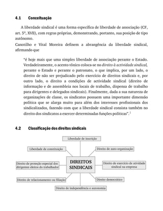 4.1
4.2
Conceituação
A	liberdade	sindical	é	uma	forma	específica	de	liberdade	de	associação	(CF,
art.	5o,	XVII),	com	regras	próprias,	demonstrando,	portanto,	sua	posição	de	tipo
autônomo.
Canotilho	 e	 Vital	 Moreira	 definem	 a	 abrangência	 da	 liberdade	 sindical,
afirmando	que
“é	hoje	mais	que	uma	simples	liberdade	de	associação	perante	o	Estado.
Verdadeiramente,	o	acento	tônico	coloca-se	no	direito	à	actividade	sindical,
perante	 o	 Estado	 e	 perante	 o	 patronato,	 o	 que	 implica,	 por	 um	 lado,	 o
direito	de	não	ser	prejudicado	pelo	exercício	de	direitos	sindicais	e,	por
outro	 lado,	 o	 direito	 a	 condições	 de	 actividade	 sindical	 (direito	 de
informação	e	de	assembleia	nos	locais	de	trabalho,	dispensa	de	trabalho
para	dirigentes	e	delegados	sindicais).	Finalmente,	dada	a	sua	natureza	de
organizações	de	classe,	os	sindicatos	possuem	uma	importante	dimensão
política	 que	 se	 alarga	 muito	 para	 além	 dos	 interesses	 profissionais	 dos
sindicalizados,	fazendo	com	que	a	liberdade	sindical	consista	também	no
direito	dos	sindicatos	a	exercer	determinadas	funções	políticas”.1
Classificação	dos	direitos	sindicais
 