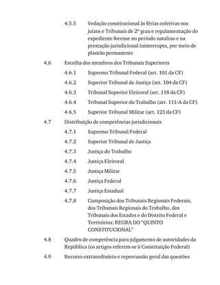 4.5.5
4.6
4.6.1
4.6.2
4.6.3
4.6.4
4.6.5
4.7
4.7.1
4.7.2
4.7.3
4.7.4
4.7.5
4.7.6
4.7.7
4.7.8
4.8
4.9
Vedação	constitucional	às	férias	coletivas	nos
juízos	e	Tribunais	de	2o	grau	e	regulamentação	do
expediente	forense	no	período	natalino	e	na
prestação	jurisdicional	ininterrupta,	por	meio	de
plantão	permanente
Escolha	dos	membros	dos	Tribunais	Superiores
Supremo	Tribunal	Federal	(art.	101	da	CF)
Superior	Tribunal	de	Justiça	(art.	104	da	CF)
Tribunal	Superior	Eleitoral	(art.	118	da	CF)
Tribunal	Superior	do	Trabalho	(art.	111-A	da	CF)
Superior	Tribunal	Militar	(art.	123	da	CF)
Distribuição	de	competências	jurisdicionais
Supremo	Tribunal	Federal
Superior	Tribunal	de	Justiça
Justiça	do	Trabalho
Justiça	Eleitoral
Justiça	Militar
Justiça	Federal
Justiça	Estadual
Composição	dos	Tribunais	Regionais	Federais,
dos	Tribunais	Regionais	do	Trabalho,	dos
Tribunais	dos	Estados	e	do	Distrito	Federal	e
Territórios:	REGRA	DO	“QUINTO
CONSTITUCIONAL”
Quadro	de	competência	para	julgamento	de	autoridades	da
República	(os	artigos	referem-se	à	Constituição	Federal)
Recurso	extraordinário	e	repercussão	geral	das	questões
 