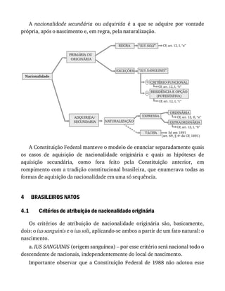 4
4.1
A	 nacionalidade	 secundária	 ou	 adquirida	 é	 a	 que	 se	 adquire	 por	 vontade
própria,	após	o	nascimento	e,	em	regra,	pela	naturalização.
A	Constituição	Federal	manteve	o	modelo	de	enunciar	separadamente	quais
os	 casos	 de	 aquisição	 de	 nacionalidade	 originária	 e	 quais	 as	 hipóteses	 de
aquisição	 secundária,	 como	 fora	 feito	 pela	 Constituição	 anterior,	 em
rompimento	com	a	tradição	constitucional	brasileira,	que	enumerava	todas	as
formas	de	aquisição	da	nacionalidade	em	uma	só	sequência.
BRASILEIROS	NATOS
Critérios	de	atribuição	de	nacionalidade	originária
Os	 critérios	 de	 atribuição	 de	 nacionalidade	 originária	 são,	 basicamente,
dois:	o	ius	sanguinis	e	o	ius	soli,	aplicando-se	ambos	a	partir	de	um	fato	natural:	o
nascimento.
a.	IUS	SANGUINIS	(origem	sanguínea)	–	por	esse	critério	será	nacional	todo	o
descendente	de	nacionais,	independentemente	do	local	de	nascimento.
Importante	 observar	 que	 a	 Constituição	 Federal	 de	 1988	 não	 adotou	 esse
 