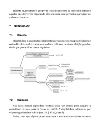 7
7.1
7.2
Saliente-se,	novamente,	que	por	se	tratar	de	exercício	da	soberania,	somente
àqueles	que	detiverem	capacidade	eleitoral	ativa	será	permitido	participar	de
ambas	as	consultas.
ELEGIBILIDADE
Conceito
Elegibilidade	é	a	capacidade	eleitoral	passiva	consistente	na	possibilidade	de
o	cidadão	pleitear	determinados	mandatos	políticos,	mediante	eleição	popular,
desde	que	preenchidos	certos	requisitos.
Condições
Não	 basta	 possuir	 capacidade	 eleitoral	 ativa	 (ser	 eleitor)	 para	 adquirir	 a
capacidade	 eleitoral	 passiva	 (poder	 ser	 eleito).	 A	 elegibilidade	 adquire-se	 por
etapas	segundo	faixas	etárias	(art.	14,	§	3o,	VI,	a	até	d).
Assim,	 para	 que	 alguém	 possa	 concorrer	 a	 um	 mandato	 eletivo,	 torna-se
 