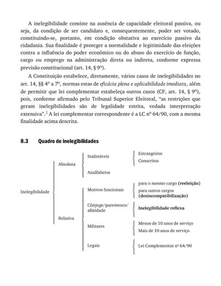8.3
A	 inelegibilidade	 consiste	 na	 ausência	 de	 capacidade	 eleitoral	 passiva,	 ou
seja,	 da	 condição	 de	 ser	 candidato	 e,	 consequentemente,	 poder	 ser	 votado,
constituindo-se,	 portanto,	 em	 condição	 obstativa	 ao	 exercício	 passivo	 da
cidadania.	Sua	finalidade	é	proteger	a	normalidade	e	legitimidade	das	eleições
contra	 a	 influência	 do	 poder	 econômico	 ou	 do	 abuso	 do	 exercício	 de	 função,
cargo	 ou	 emprego	 na	 administração	 direta	 ou	 indireta,	 conforme	 expressa
previsão	constitucional	(art.	14,	§	9o).
A	Constituição	estabelece,	diretamente,	vários	casos	de	inelegibilidades	no
art.	14,	§§	4o	a	7o,	normas	estas	de	eficácia	plena	e	aplicabilidade	imediata,	além
de	permitir	que	lei	complementar	estabeleça	outros	casos	(CF,	art.	14,	§	9o),
pois,	 conforme	 afirmado	 pelo	 Tribunal	 Superior	 Eleitoral,	 “as	 restrições	 que
geram	 inelegibilidades	 são	 de	 legalidade	 estrita,	 vedada	 interpretação
extensiva”.2	A	lei	complementar	correspondente	é	a	LC	no	64/90,	com	a	mesma
finalidade	acima	descrita.
Quadro	de	inelegibilidades
 
