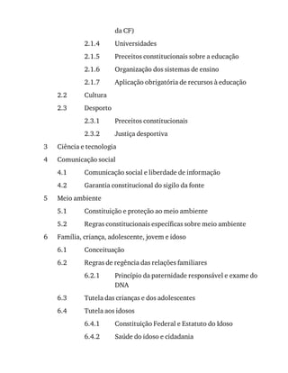 2.1.4
2.1.5
2.1.6
2.1.7
2.2
2.3
2.3.1
2.3.2
3
4
4.1
4.2
5
5.1
5.2
6
6.1
6.2
6.2.1
6.3
6.4
6.4.1
6.4.2
da	CF)
Universidades
Preceitos	constitucionais	sobre	a	educação
Organização	dos	sistemas	de	ensino
Aplicação	obrigatória	de	recursos	à	educação
Cultura
Desporto
Preceitos	constitucionais
Justiça	desportiva
Ciência	e	tecnologia
Comunicação	social
Comunicação	social	e	liberdade	de	informação
Garantia	constitucional	do	sigilo	da	fonte
Meio	ambiente
Constituição	e	proteção	ao	meio	ambiente
Regras	constitucionais	específicas	sobre	meio	ambiente
Família,	criança,	adolescente,	jovem	e	idoso
Conceituação
Regras	de	regência	das	relações	familiares
Princípio	da	paternidade	responsável	e	exame	do
DNA
Tutela	das	crianças	e	dos	adolescentes
Tutela	aos	idosos
Constituição	Federal	e	Estatuto	do	Idoso
Saúde	do	idoso	e	cidadania
 