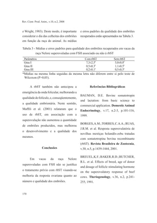 170
Rev. Cient. Prod. Anim., v.10, n.2, 2008
e Wright, 1983). Deste modo, é importante
considerar o dia das colheitas dos embriões
em função da raça do animal. As médias
e erros padrões da qualidade dos embriões
recuperados estão apresentados na Tabela 3.
Tabela 3 - Médias e erros padrões para qualidade dos embriões recuperados em vacas da
raça Nelore superovuladas com FSH associado ou não à rbST
*Médias na mesma linha seguidas da mesma letra não diferem entre si pelo teste de
Wilcoxon (P>0,05).
A rbST também não antecipou a
emergência da onda folicular, melhorando a
qualidadedofolículo,e,conseqüentemente,
a qualidade embrionária. Neste sentido,
Maffili et al. (2001) relataram que o
uso de rbST, em associação com a
superovulação não aumentou a quantidade
de embriões produzidos, mas melhorou
o desenvolvimento e a qualidade dos
mesmos.
Conclusões
Em vacas da raça Nelore
superovuladas com FSH não se justifica
o tratamento prévio com rbST visando-se
melhoria da resposta ovariana quanto ao
número e qualidade dos embriões.
Referências Bibliográficas
BAUMAN, D.E. Bovine somatotropin
and lactation: from basic science to
commercial application. Domestic Animal
Endocrinology, v.17, n.2-3, p.101-116,
1999.
BORGES,A.M.;TORRES,C.A.A.;RUAS,
J.R.M. et al. Resposta superovulatória de
novilhas mestiças holandês-zebu tratadas
com somatotropina bovina recombinante
(rbST). Revista Brasileira de Zootecnia,
v.30, n.5, p.1439-1444, 2001.
BREUEL,K.F.;BAKER,R.D.;BUTCHER,
R.L. et al. Effects of breed, age of donor
and dosage of follicle stimulating hormone
on the superovulatory response of beef
cows. Theriogenology, v.36, n.2, p.241-
255, 1991.
 