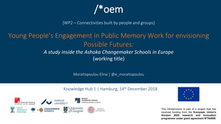 Knowledge Hub 1 | Hamburg, 14th December 2018
/*oem
[WP2 – Connectivities built by people and groups]
Young People’s Engagement in Public Memory Work for envisioning
Possible Futures:
A study inside the Ashoka Changemaker Schools in Europe
(working title)
Moraitopoulou Elina | @e_moraitopoulou
 