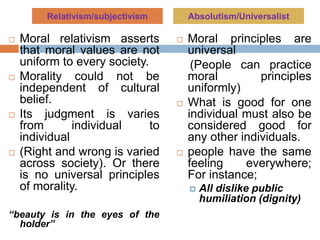 Moral relativism asserts
that moral values are not
uniform to every society.
 Morality could not be
independent of cultural
belief.
 Its judgment is varies
from individual to
individual
 (Right and wrong is varied
across society). Or there
is no universal principles
of morality.
“beauty is in the eyes of the
holder”
 Moral principles are
universal
(People can practice
moral principles
uniformly)
 What is good for one
individual must also be
considered good for
any other individuals.
 people have the same
feeling everywhere;
For instance;
 All dislike public
humiliation (dignity)
Relativism/subjectivism Absolutism/Universalist
 