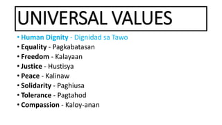 UNIVERSAL VALUES
• Human Dignity - Dignidad sa Tawo
• Equality - Pagkabatasan
• Freedom - Kalayaan
• Justice - Hustisya
• Peace - Kalinaw
• Solidarity - Paghiusa
• Tolerance - Pagtahod
• Compassion - Kaloy-anan
 