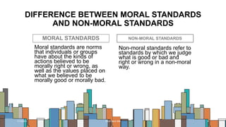 DIFFERENCE BETWEEN MORAL STANDARDS
AND NON-MORAL STANDARDS
7/1/20XX 4
Moral standards are norms
that individuals or groups
have about the kinds of
actions believed to be
morally right or wrong, as
well as the values placed on
what we believed to be
morally good or morally bad.
MORAL STANDARDS
Non-moral standards refer to
standards by which we judge
what is good or bad and
right or wrong in a non-moral
way.
NON-MORAL STANDARDS
Pitch deck title
 