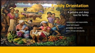 Family Orientation
A genuine and deep
love for family.
• commitment and responsibility
• honor and respect
• generosity and sacrifice
• sense of trust and security
 