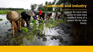 Hard work and industry
Capacity for hard work
given to raise ones
standard living of a
decent life for ones
family.
 