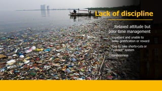 Lack of discipline
Relaxed attitude but
poor time management
• impatient and unable to
delay gratification or reward
• love to take shorts-cuts or
“palusot” system
• carelessness
 