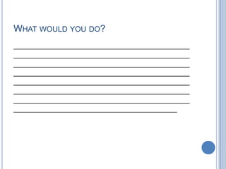 WHAT WOULD YOU DO?
__________________________________________
__________________________________________
__________________________________________
__________________________________________
__________________________________________
__________________________________________
__________________________________________
_______________________________________
 