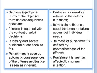  Badness is judged in          Badness is viewed as
  terms of the objective         relative to the actor’s
  form and consequences          intentions;
  of actions;                   fairness is defined as
 fairness is equated with       equal treatment or taking
  the content of adult           account of individual
  decisions                      needs
 arbitrary and severe          fairness of punishment is
  punishment are seen as         defined by
  fair.                          appropriateness of the
 Punishment is seen as          offense.
  automatic consequences        Punishment is seen as
  of the offense and justice     affected by human
  is seen as inherent.           intention.
 