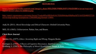 REFERENCE
https://images.saymedia-content.com/.image/t_share/MTc2NDU5MDk2OTY1MzI2ODEw/seven-ways-to-i
mpart-moral-values-to-children.png
http://static1.squarespace.com/static/5eceec71ae6c485a1ffb3fe4/t/6178265b9e4ac05bd9ea3d73/1635264095273/h
ow-to-stop-making-assumptions-1200x600.png?format=1500w
Audi, R. (2011). Moral Knowledge and Ethical Character. Oxford University Press.
Mill, J.S. (1863). Utilitarianism. Parker, Son, and Bourn.
Chris Drew Journal
Mackie, J.L. (1977). Ethics: Inventing Right and Wrong. Penguin Books.
Festinger, L. (1957). A Theory of Cognitive Dissonance. Stanford University Press.
Kohlberg, L. (1981). The Philosophy of Moral Development. Harper & Row.
 