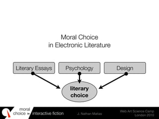 moral
choice interactive ﬁction J. Nathan Matias
Web Art Science Camp
London 2010
in
Moral Choice
in Electronic Literature
Literary Essays Psychology Design
literary
choice
 