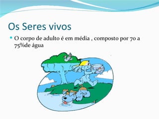 Os Seres vivos
 O corpo de adulto é em média , composto por 70 a
 75%de água
 