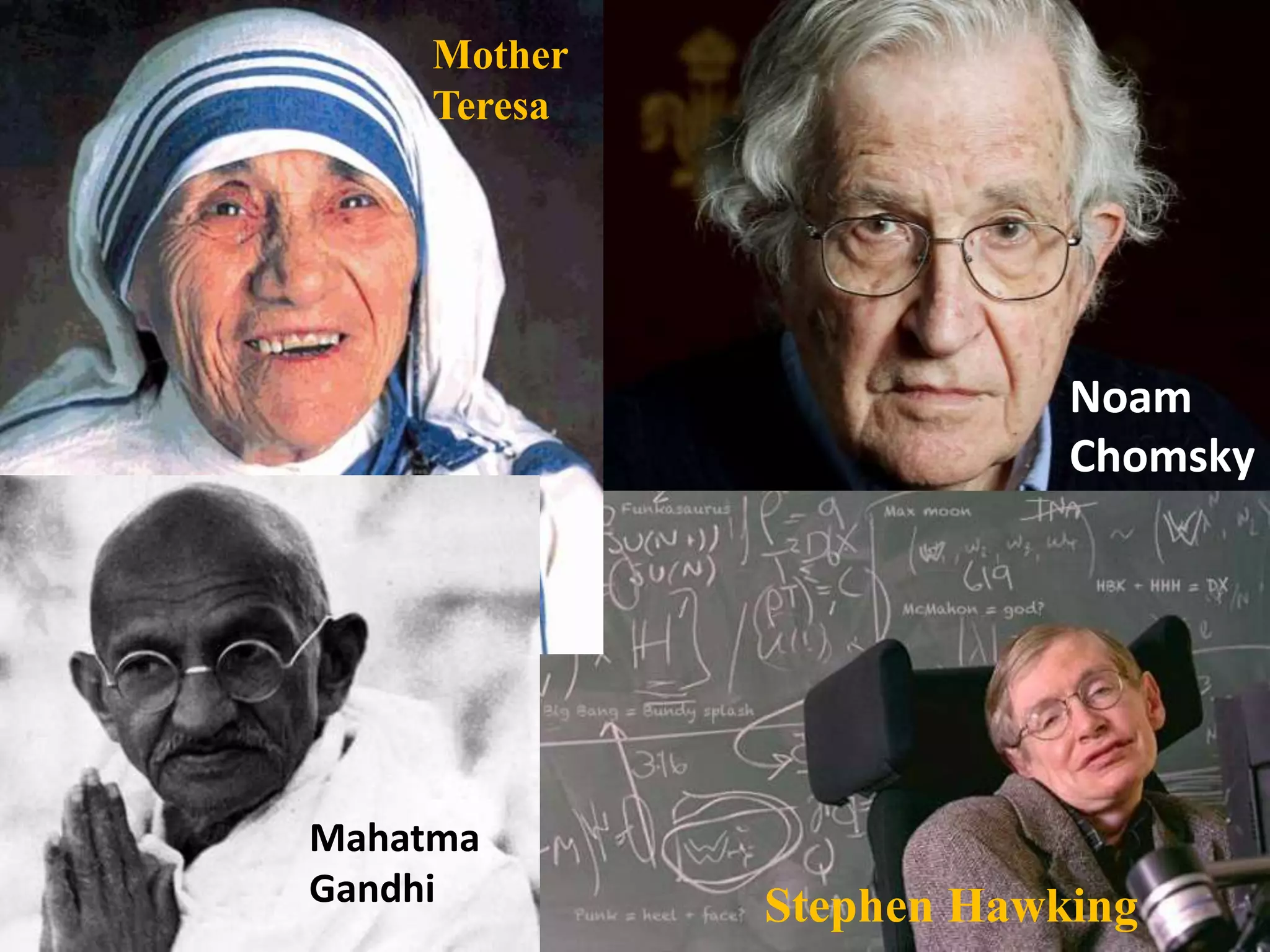 Stephen Hawking
Noam
Chomsky
Mahatma
Gandhi
Mother
Teresa
 