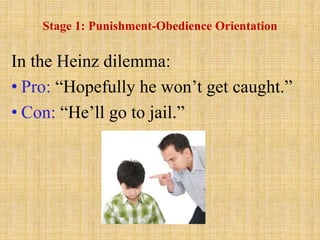 Stage 1: Punishment-Obedience Orientation
In the Heinz dilemma:
• Pro: “Hopefully he won’t get caught.”
• Con: “He’ll go to jail.”
 