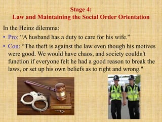 Stage 4:
Law and Maintaining the Social Order Orientation
In the Heinz dilemma:
• Pro: “A husband has a duty to care for his wife.”
• Con: “The theft is against the law even though his motives
were good. We would have chaos, and society couldn't
function if everyone felt he had a good reason to break the
laws, or set up his own beliefs as to right and wrong."
 