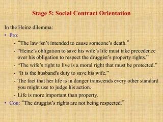 Stage 5: Social Contract Orientation
In the Heinz dilemma:
• Pro:
- “The law isn’t intended to cause someone’s death.”
- “Heinz’s obligation to save his wife’s life must take precedence
over his obligation to respect the druggist’s property rights.”
- “The wife’s right to live is a moral right that must be protected.”
- “It is the husband's duty to save his wife.”
- The fact that her life is in danger transcends every other standard
you might use to judge his action.
- Life is more important than property.
• Con: “The druggist’s rights are not being respected.”
 