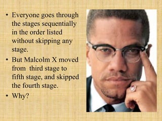 • Everyone goes through
the stages sequentially
in the order listed
without skipping any
stage.
• But Malcolm X moved
from third stage to
fifth stage, and skipped
the fourth stage.
• Why?
 