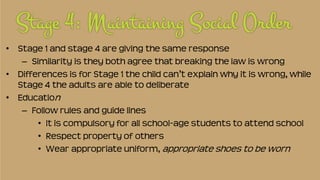 • Stage 1 and stage 4 are giving the same response
– Similarity is they both agree that breaking the law is wrong
• Differences is for Stage 1 the child can’t explain why it is wrong, while
Stage 4 the adults are able to deliberate
• Education
– Follow rules and guide lines
• It is compulsory for all school-age students to attend school
• Respect property of others
• Wear appropriate uniform, appropriate shoes to be worn
 