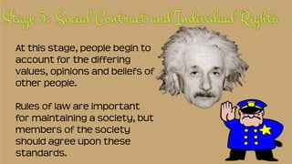 At this stage, people begin to
account for the differing
values, opinions and beliefs of
other people.
Rules of law are important
for maintaining a society, but
members of the society
should agree upon these
standards.
 