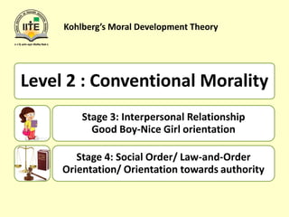 Kohlberg’s Moral Development Theory
Level 2 : Conventional Morality
Stage 3: Interpersonal Relationship
Good Boy-Nice Girl orientation
Stage 4: Social Order/ Law-and-Order
Orientation/ Orientation towards authority
 
