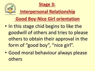 Stage 3:
Interpersonal Relationship
Good Boy-Nice Girl orientation
• In this stage chid begins to like the
goodwill of others and tries to please
others to obtain their approval in the
form of “good boy”, “nice girl”.
• Good moral behaviour always please
others
 