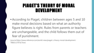 PIAGET'S THEORY OF MORAL
DEVELOPMENT
• According to Piaget, children between ages 5 and 10
make moral decisions based on what an authority
figure believes is right. Rules from parents or teachers
are unchangeable, and the child follows them out of
fear of punishment.
(source:https://www.reference.com/world-view/piaget-s-theory-moral-development-
786b1c1707ac7ece)
 