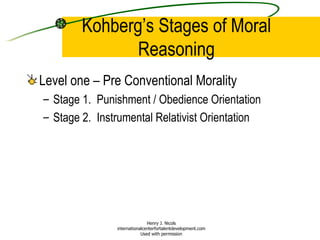 Kohberg’s Stages of Moral Reasoning Level one – Pre Conventional Morality Stage 1.  Punishment / Obedience Orientation Stage 2.  Instrumental Relativist Orientation Henry J. Nicols internationalcenterfortalentdevelopment.com Used with permission 