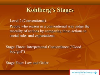 Kohlberg’s Stages
Kohlberg’s Stages
Level 2 (Conventional)
Level 2 (Conventional)
People who reason in a conventional way judge the
People who reason in a conventional way judge the
morality of actions by comparing these actions to
morality of actions by comparing these actions to
social rules and expectations.
social rules and expectations.
Stage Three: Interpersonal Concordance ("Good
Stage Three: Interpersonal Concordance ("Good
boy/girl")
boy/girl")
Stage Four: Law and Order
Stage Four: Law and Order
 