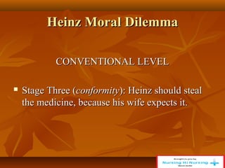 Heinz Moral Dilemma
Heinz Moral Dilemma
CONVENTIONAL LEVEL
CONVENTIONAL LEVEL
 Stage Three (
Stage Three (conformity
conformity): Heinz should steal
): Heinz should steal
the medicine, because his wife expects it.
the medicine, because his wife expects it.
 