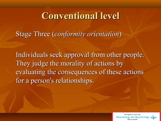 Conventional level
Conventional level
Stage Three (
Stage Three (conformity orientation
conformity orientation)
)
Individuals seek approval from other people.
Individuals seek approval from other people.
They judge the morality of actions by
They judge the morality of actions by
evaluating the consequences of these actions
evaluating the consequences of these actions
for a person's relationships.
for a person's relationships.
 
