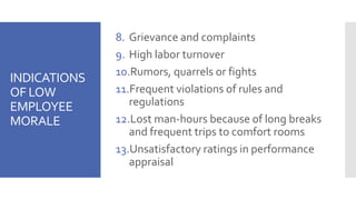 INDICATIONS
OF LOW
EMPLOYEE
MORALE
8. Grievance and complaints
9. High labor turnover
10.Rumors, quarrels or fights
11.Frequent violations of rules and
regulations
12.Lost man-hours because of long breaks
and frequent trips to comfort rooms
13.Unsatisfactory ratings in performance
appraisal
 