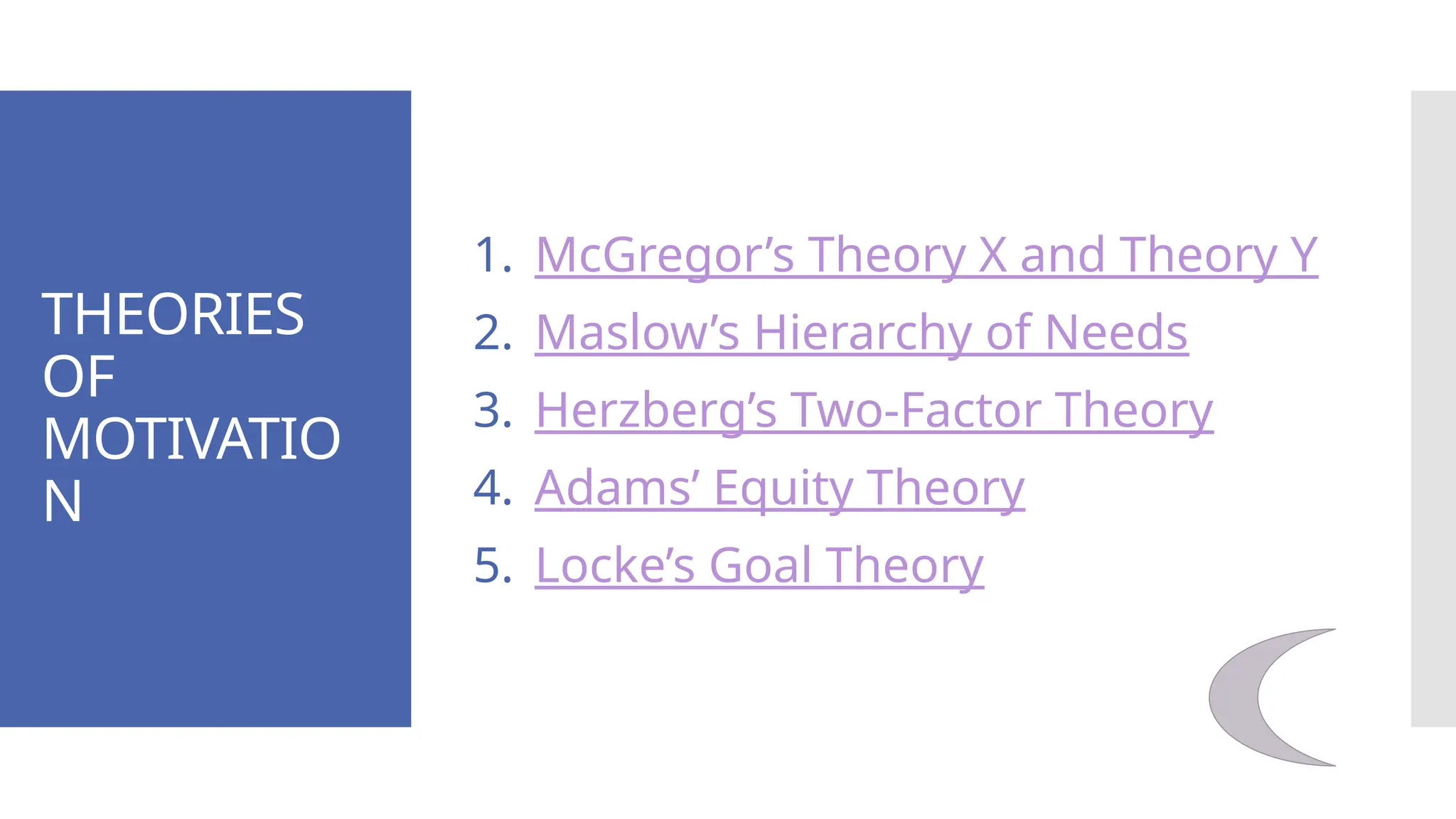THEORIES
OF
MOTIVATIO
N
1. McGregor’s Theory X and Theory Y
2. Maslow’s Hierarchy of Needs
3. Herzberg’s Two-Factor Theory
4. Adams’ Equity Theory
5. Locke’s Goal Theory
 