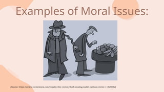 Examples of Moral Issues:
(Source: https://www.vectorstock.com/royalty-free-vector/thief-stealing-wallet-cartoon-vector-11328052)
 