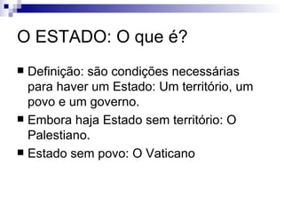 O ESTADO: O que é? Definição: são condições necessárias para haver um Estado: Um território, um povo e um governo. Embora haja Estado sem território: O Palestiano. Estado sem povo: O Vaticano 