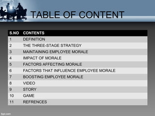 TABLE OF CONTENT
S.NO CONTENTS
1 DEFINITION
2 THE THREE-STAGE STRATEGY
3 MAINTAINING EMPLOYEE MORALE
4 IMPACT OF MORALE
5 ...