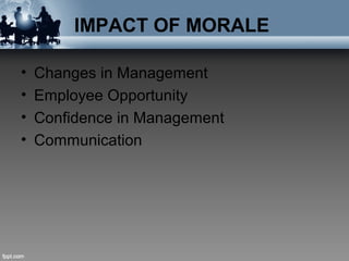 IMPACT OF MORALE
• Changes in Management
• Employee Opportunity
• Confidence in Management
• Communication
 