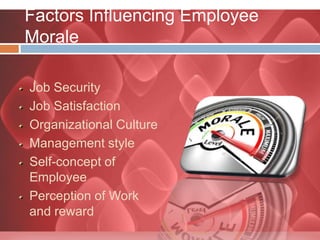 Factors Influencing Employee
Morale
Job Security
Job Satisfaction
Organizational Culture
Management style
Self-concept of
Employee
Perception of Work
and reward
 