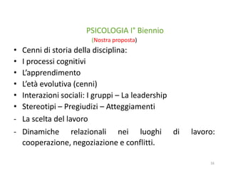 PSICOLOGIA I° Biennio
(Nostra proposta)

•
•
•
•
•
•
-

Cenni di storia della disciplina:
I processi cognitivi
L’apprendimento
L’età evolutiva (cenni)
Interazioni sociali: I gruppi – La leadership
Stereotipi – Pregiudizi – Atteggiamenti
La scelta del lavoro
Dinamiche relazionali nei luoghi di
cooperazione, negoziazione e conflitti.

lavoro:

16

 