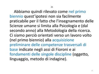21

Abbiamo quindi rilevato come nel primo
biennio quest’ipotesi non sia facilmente
praticabile per il fatto che l’insegnamento delle
Scienze umane si limita alla Psicologia e (dal
secondo anno) alla Metodologia della ricerca.
Ci siamo perciò orientati verso un lavoro volto
(nel primo biennio) alla acquisizione
preliminare delle competenze trasversali di
base indicate negli assi di Fioroni e ai
fondamenti delle singole discipline (oggetto,
linguaggio, metodo di indagine).
21

 