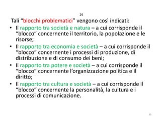 29

Tali “blocchi problematici” vengono così indicati:
• Il rapporto tra società e natura – a cui corrisponde il
“blocco” concernente il territorio, la popolazione e le
risorse;
• Il rapporto tra economia e società – a cui corrisponde il
“blocco” concernente i processi di produzione, di
distribuzione e di consumo dei beni;
• Il rapporto tra potere e società – a cui corrisponde il
“blocco” concernente l’organizzazione politica e il
diritto;
• Il rapporto tra cultura e società – a cui corrisponde il
“blocco” concernente la personalità, la cultura e i
processi di comunicazione.
30

 