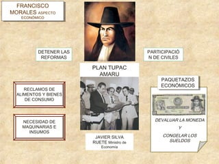 FRANCISCO
FRANCISCO
MORALES ASPECTO
MORALES ASPECTO
ECONÓMICO
ECONÓMICO
DETENER LAS
REFORMAS
PARTICIPACIÓ
N DE CIVILES
PLAN TUPAC
PLAN INCA
AMARU
RECLAMOS DE
ALIMENTOS Y BIENES
DE CONSUMO
NECESIDAD DE
MAQUINARIAS E
INSUMOS
PAQUETAZOS
PAQUETAZOS
ECONÓMICOS
ECONÓMICOS
DEVALUAR LA MONEDA
Y
JAVIER SILVA
RUETE Ministro de
Economía
CONGELAR LOS
SUELDOS